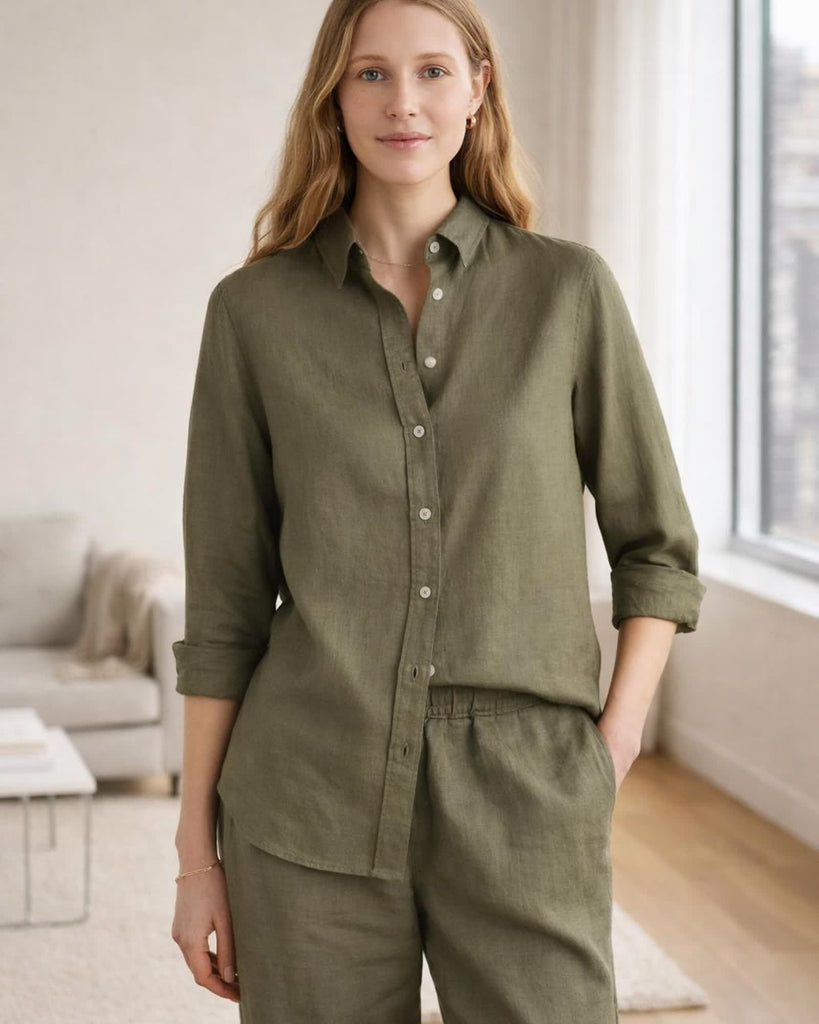 The European Linen Long Sleeve Shirt - Bayberry Olive