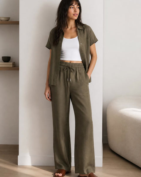 The European Linen Wide Leg Pant - Bayberry Olive