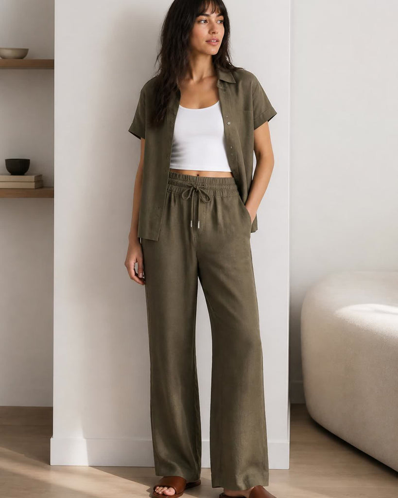 The European Linen Wide Leg Pant - Bayberry Olive