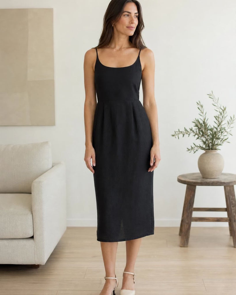 The European Linen Midi Dress - Black