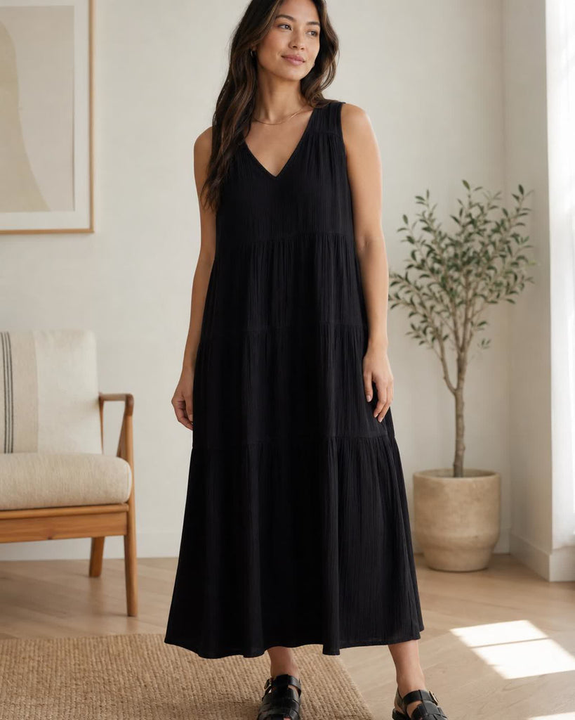 The Organic Cotton Gauze Maxi Dress - Black
