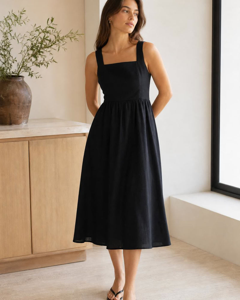 The European Linen Midi Dress - Black