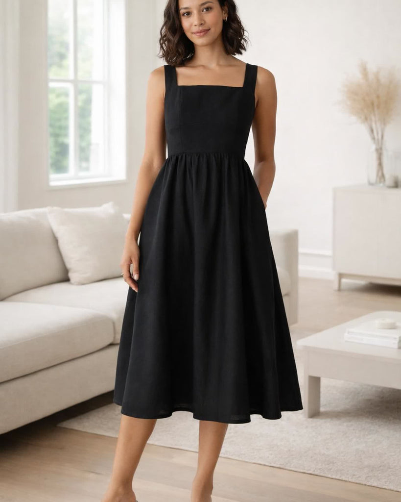 The European Linen Fit & Flare Midi Dress - Black