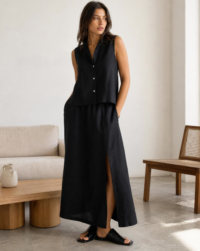The European Linen Maxi Skirt - Black