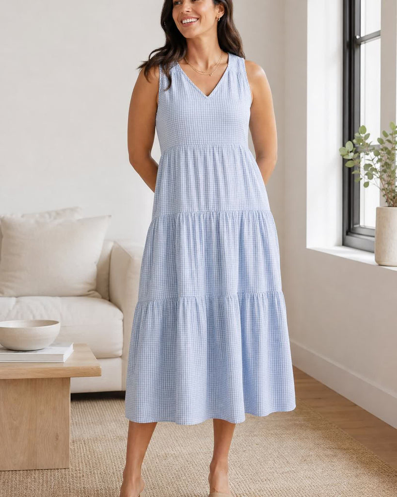 The Organic Cotton Gauze Maxi Dress - Blue Gingham