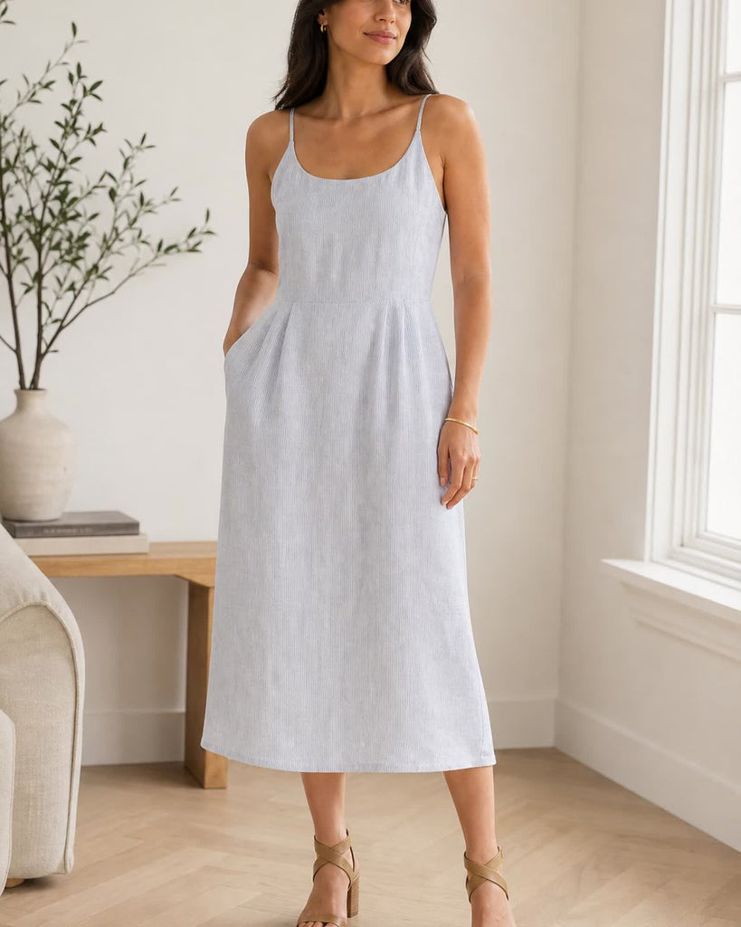 The European Linen Midi Dress - Blue Pinstripe
