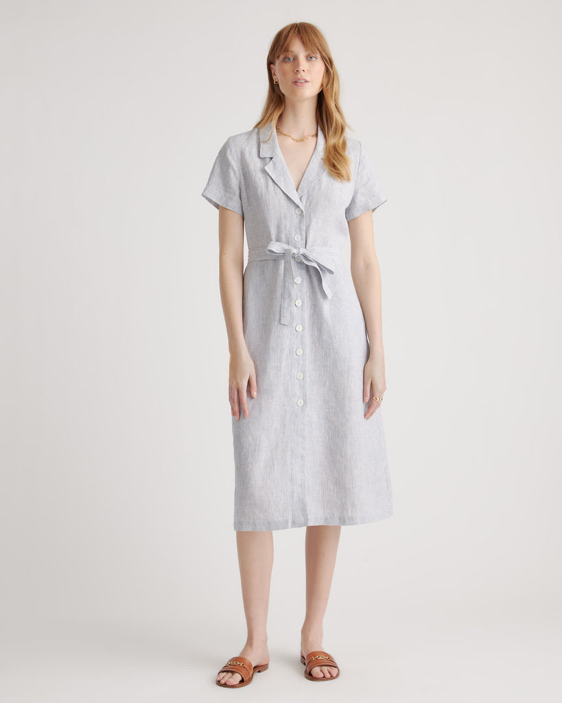 The European Linen Chambray Dress - Blue Pinstripe