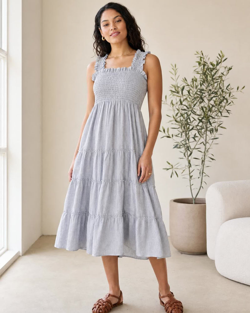 The European Linen Chambray Midi Dress - Blue Pinstripe