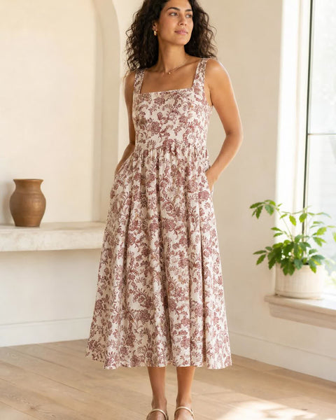 The European Linen Midi Dress - Brick Red Heirloom Floral