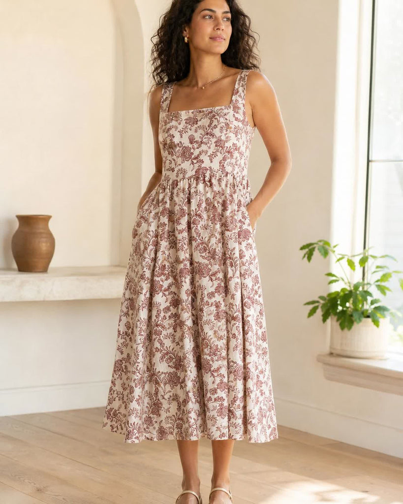 The European Linen Midi Dress - Brick Red Heirloom Floral