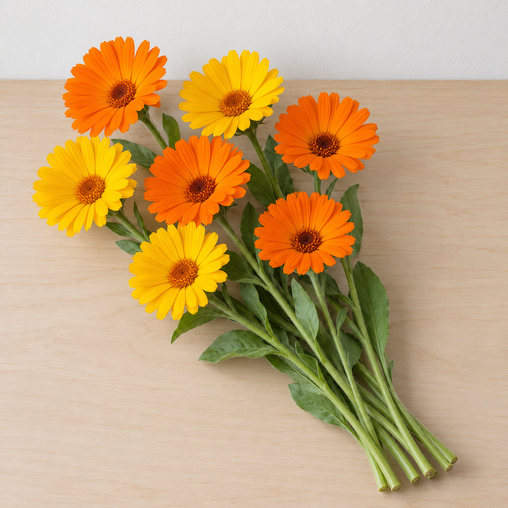 Calendula officinalis, 7 stems: 4 orange and 3 golden yellow.