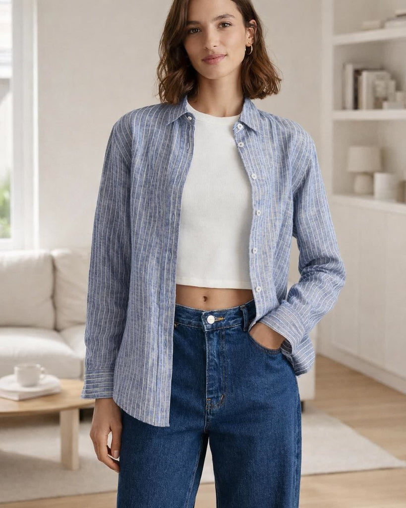 The European Linen Long Sleeve Shirt - Chambray Stripe