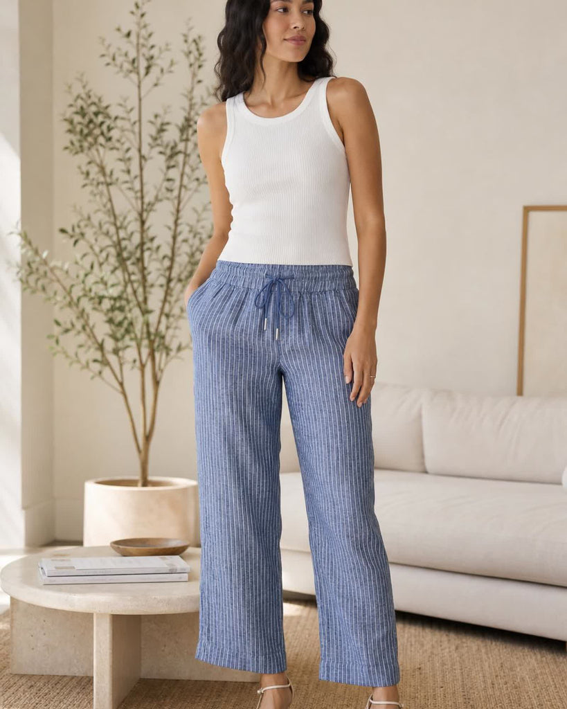 The European Linen Wide Leg Pant - Chambray Stripe