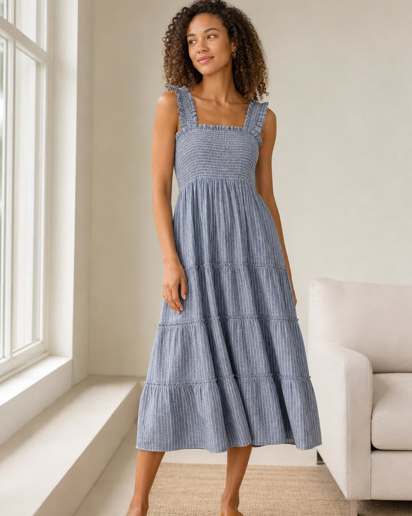 The European Linen Chambray Midi Dress - Chambray Stripe