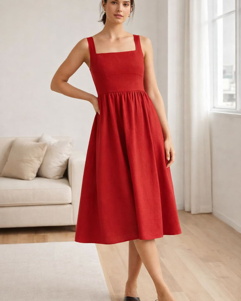 The European Linen Fit & Flare Midi Dress - Chile