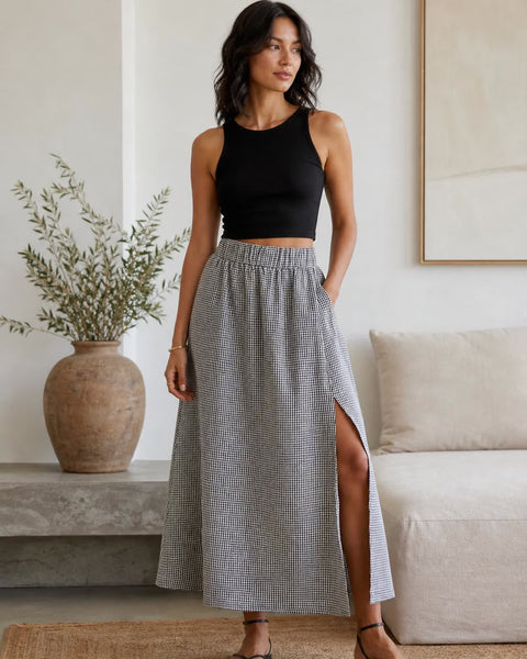 The European Linen Maxi Skirt - Classic Mini Gingham