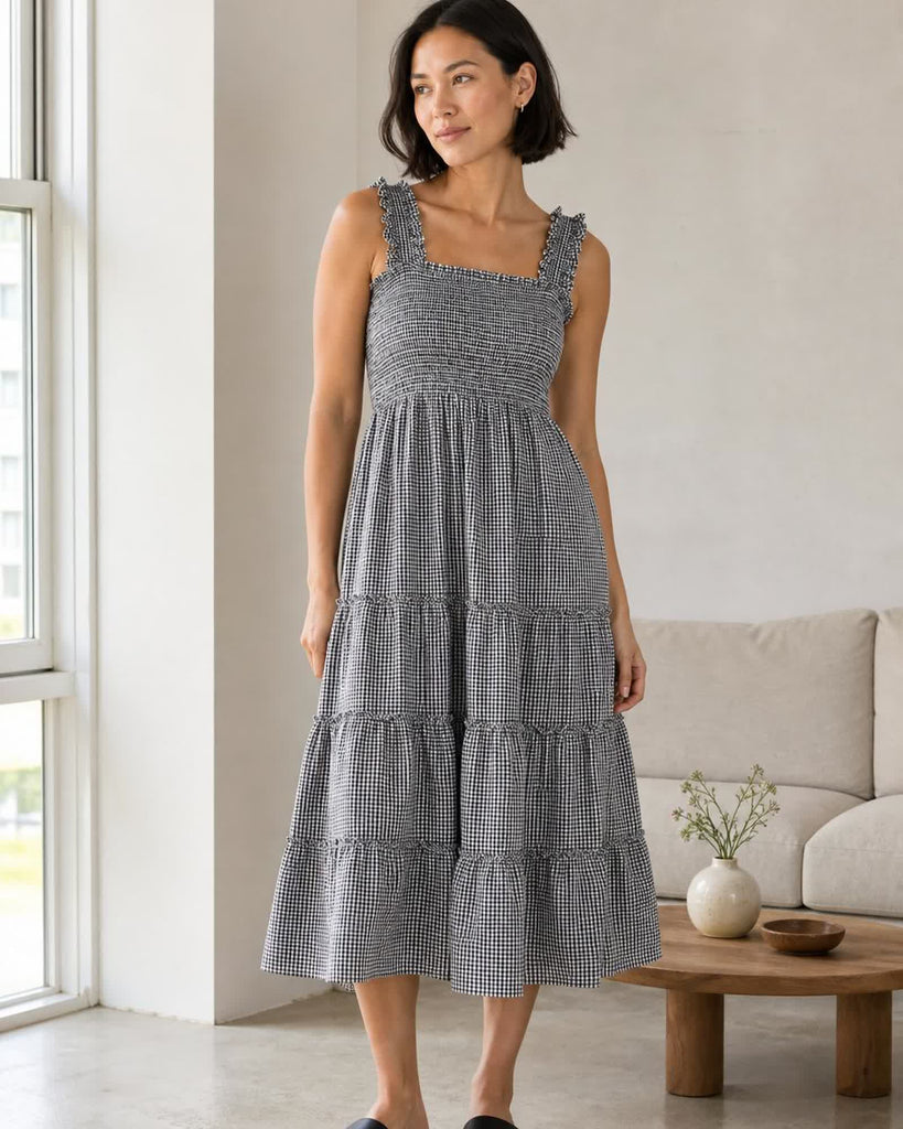 The European Linen Chambray Midi Dress - Classic Mini Gingham