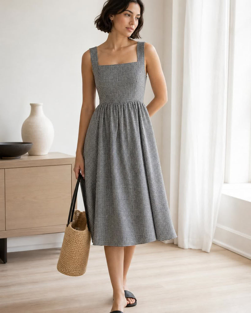 The European Linen Midi Dress - Classic Mini Gingham
