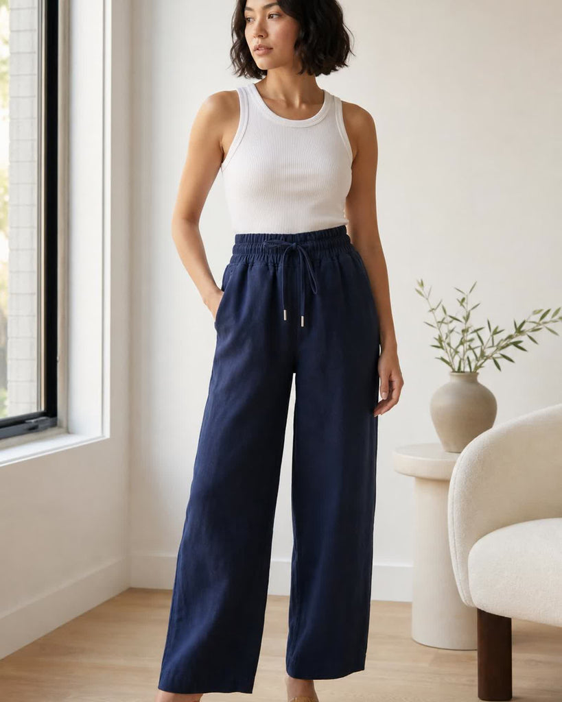 The European Linen Wide Leg Pant - Deep Navy