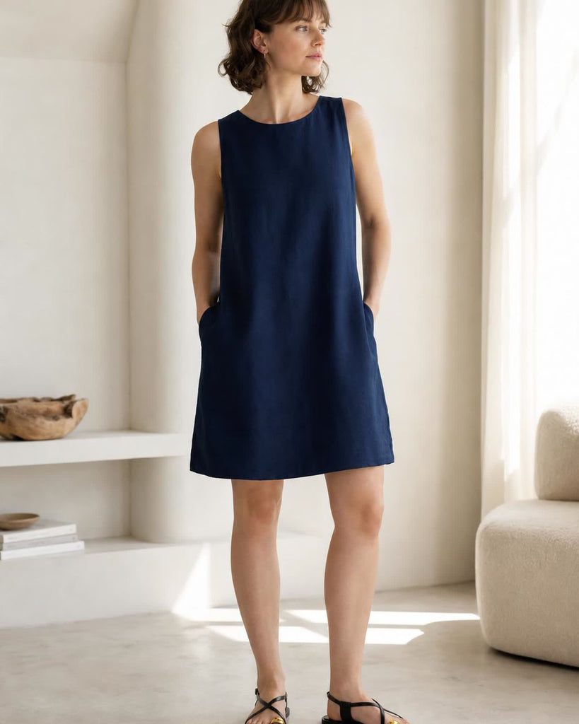 The European Linen Mini Dress - Deep Navy