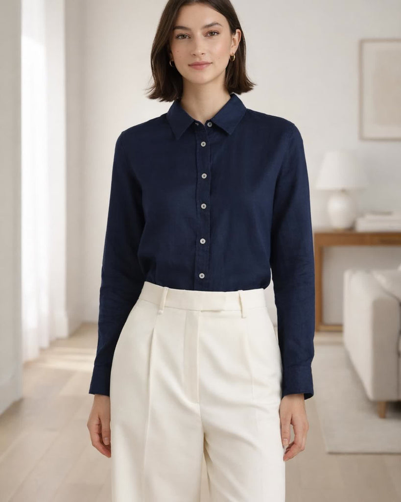 The European Linen Long Sleeve Shirt - Deep Navy