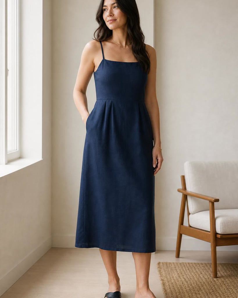The European Linen Midi Dress - Deep Navy