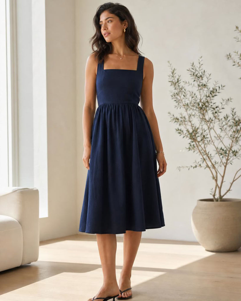 The European Linen Midi Dress - Deep Navy