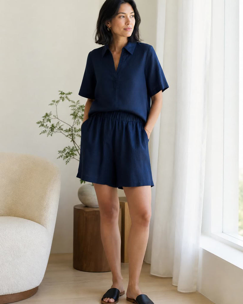 The European Linen Short Sleeve Short - Deep Navy