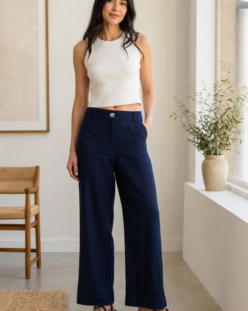 The European Linen Wide Leg Pant - Deep Navy