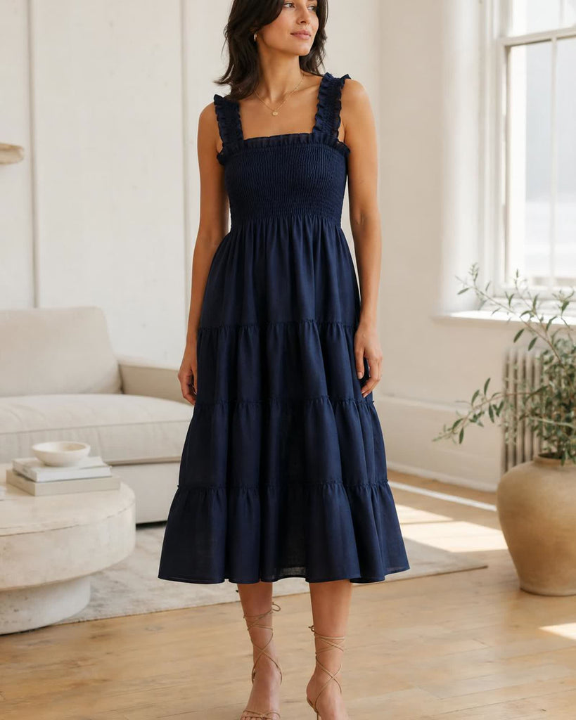 The European Linen Chambray Midi Dress - Deep Navy