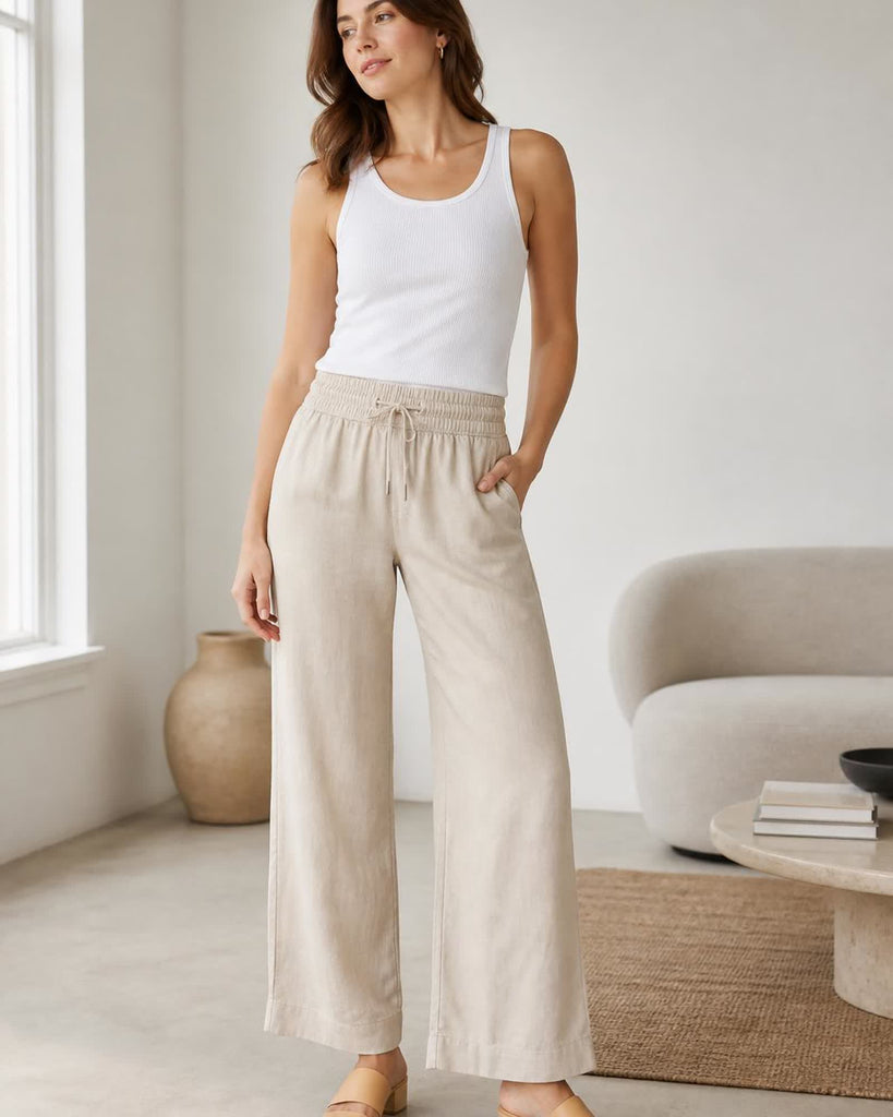 The European Linen Wide Leg Pant - Driftwood