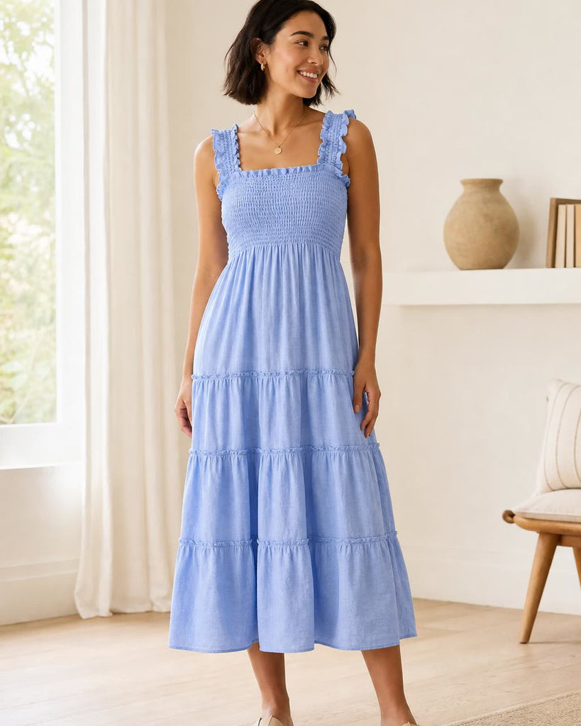 The European Linen Chambray Midi Dress - French Blue