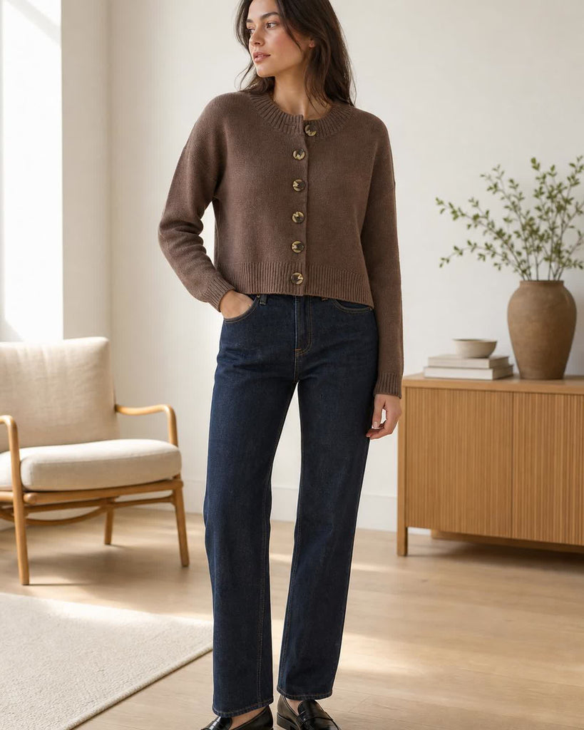 The Organic Cotton Cropped Cardigan - Heather Brown