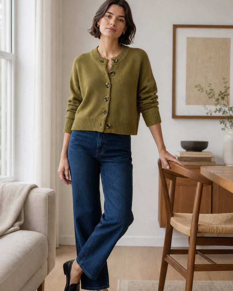 The Organic Cotton Cropped Cardigan - Herb Green