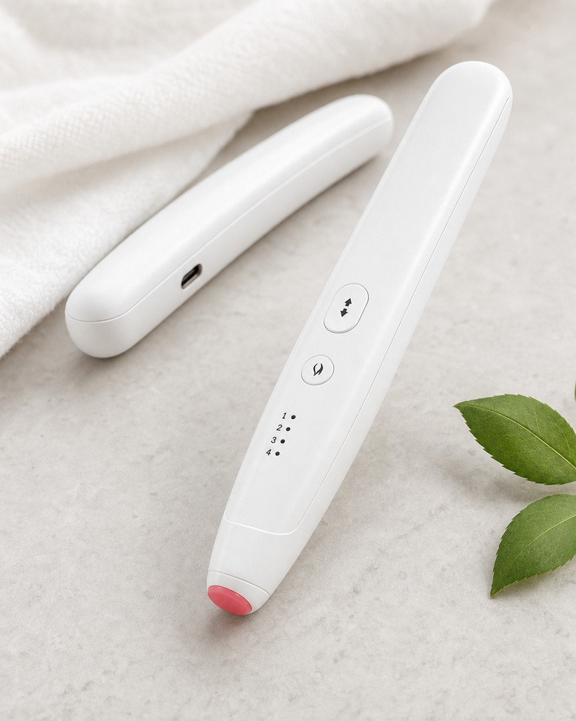 The Bite Fixer white rechargeable heat pen, front and back views