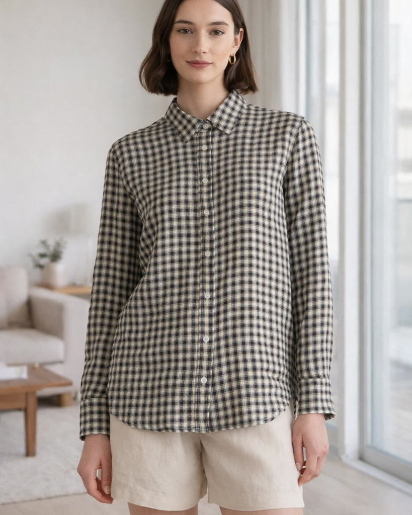 The European Linen Long Sleeve Shirt - Khaki / Black Gingham