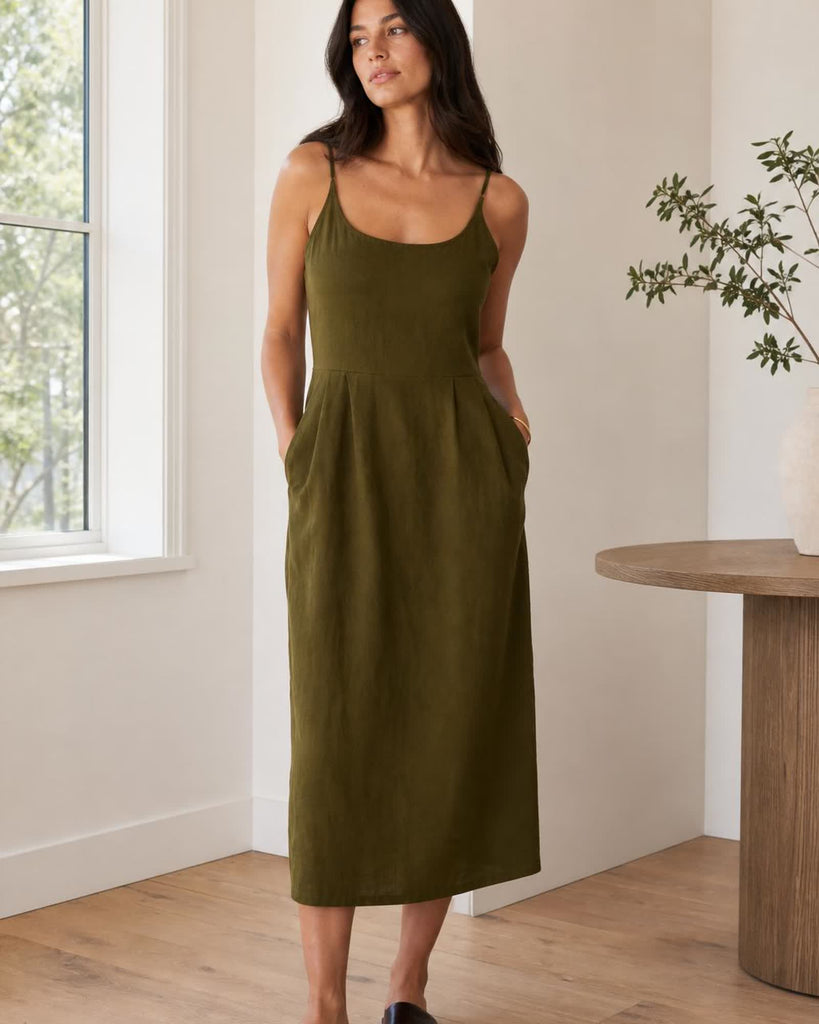 The European Linen Midi Dress - Martini Olive