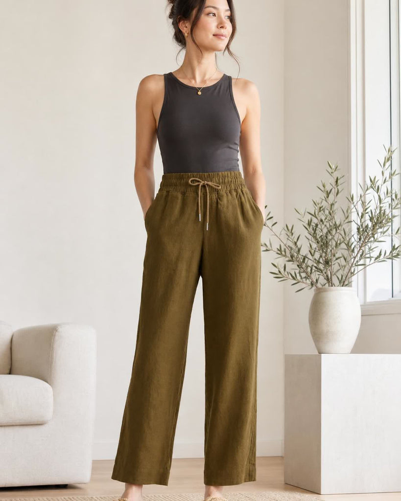 The European Linen Wide Leg Pant - Martini Olive