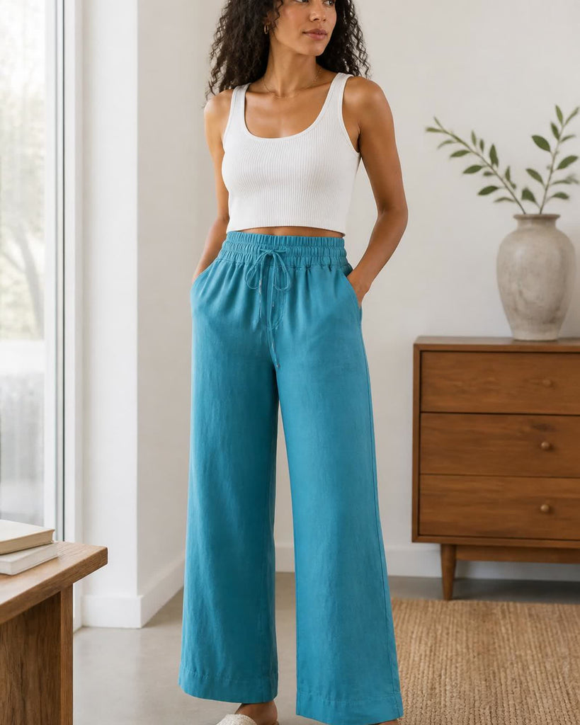 The European Linen Wide Leg Pant - Mineral Blue