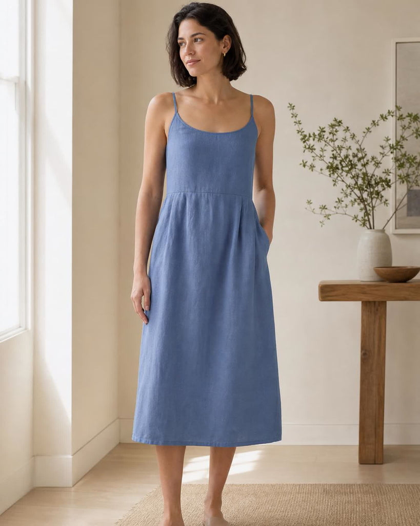 The European Linen Midi Dress - Moonstone Blue