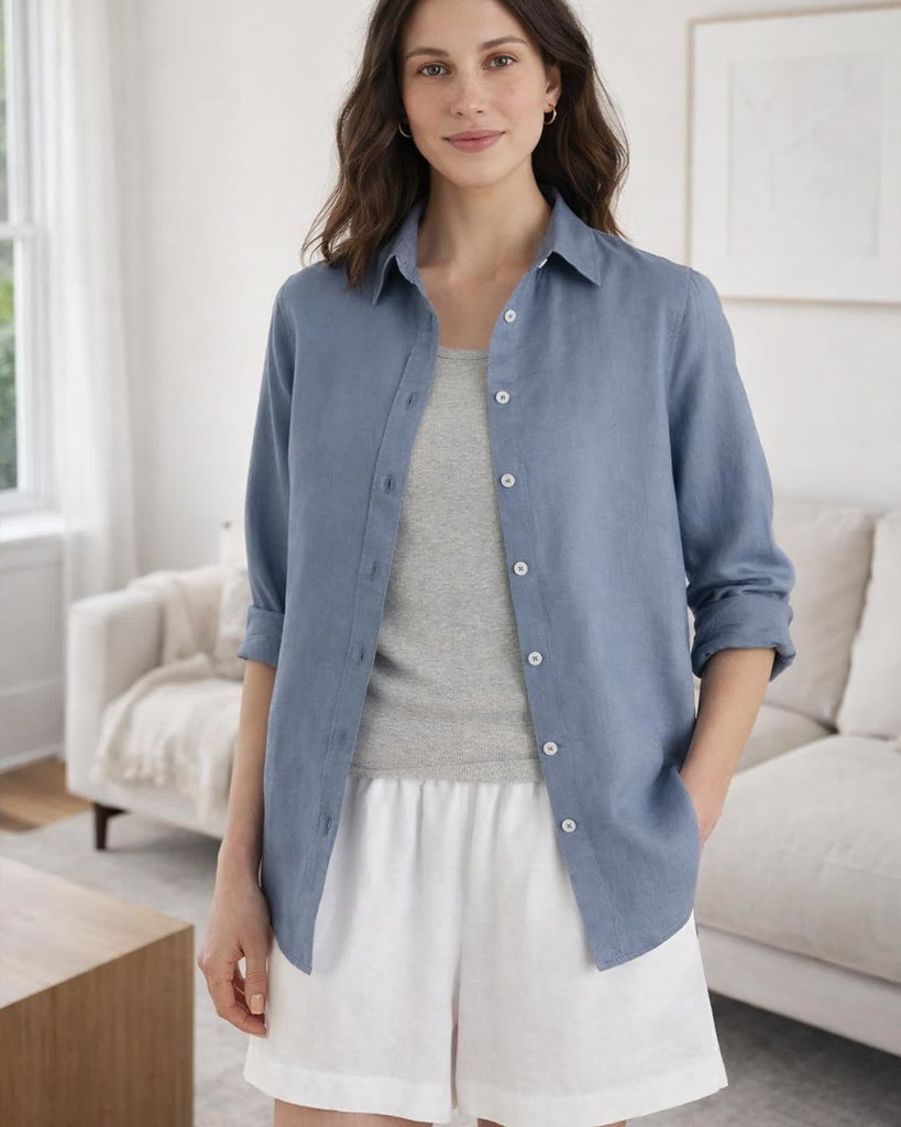 The European Linen Long Sleeve Shirt - Moonstone Blue