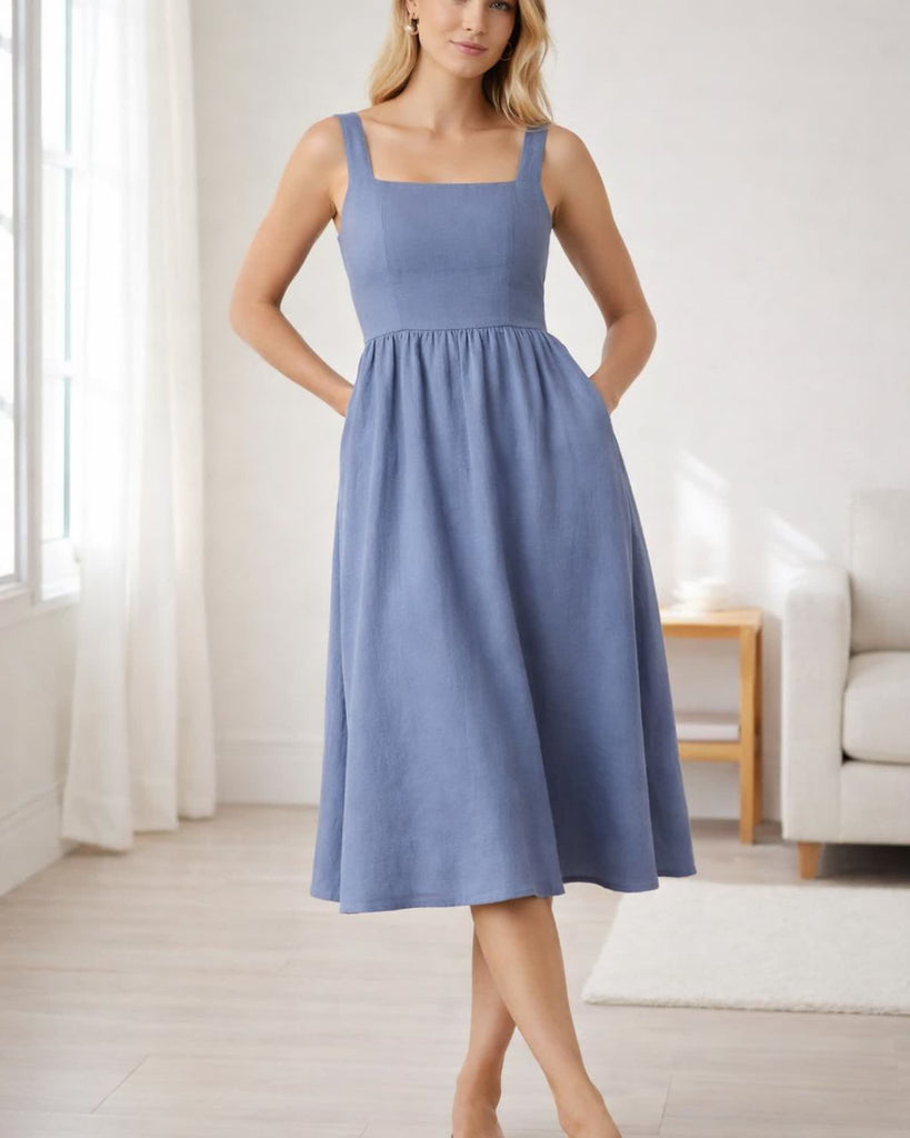 The European Linen Fit & Flare Midi Dress - Moonstone Blue
