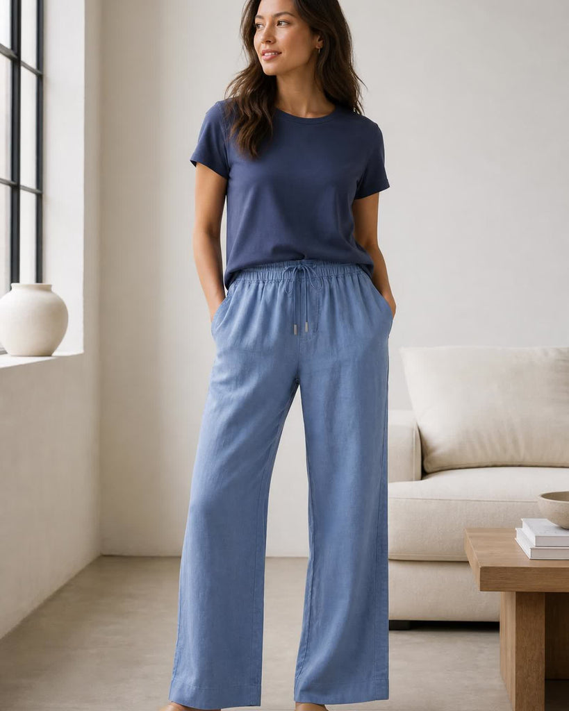 The European Linen Wide Leg Pant - Moonstone Blue