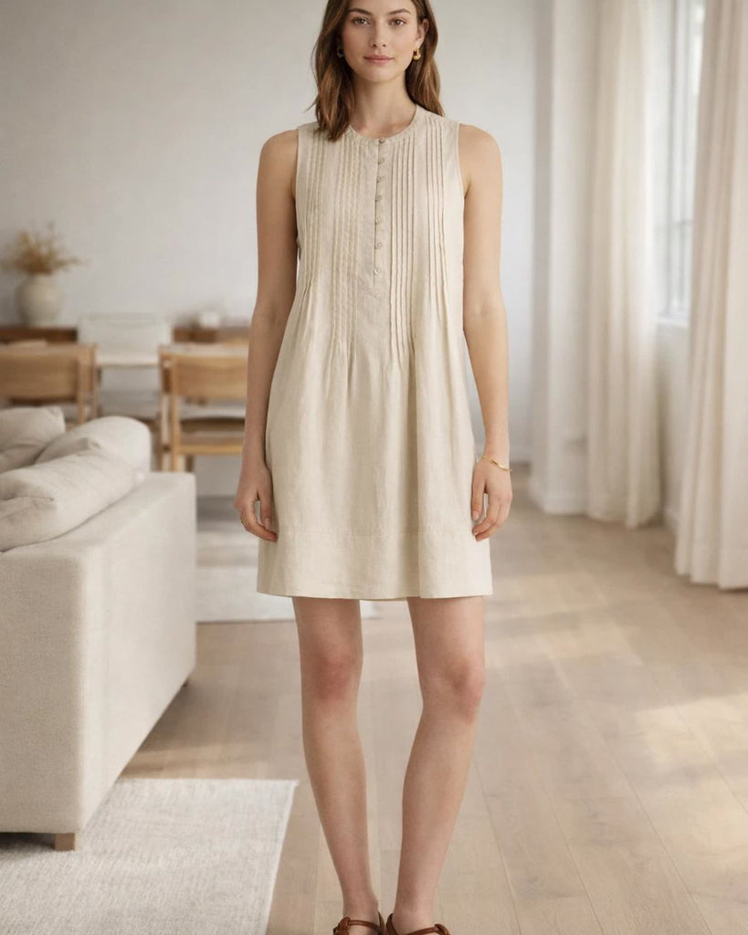 The European Linen Sleeveless Dress - Sand