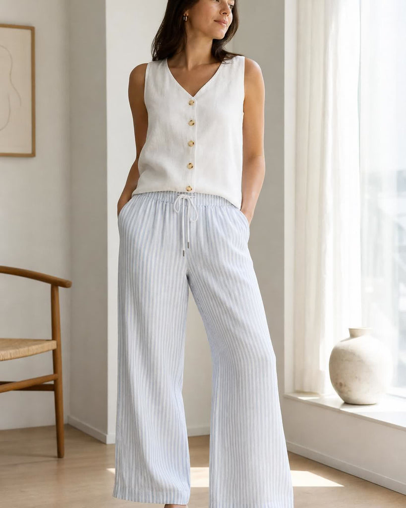 The European Linen Wide Leg Pant - Sky Blue Mariner Stripe
