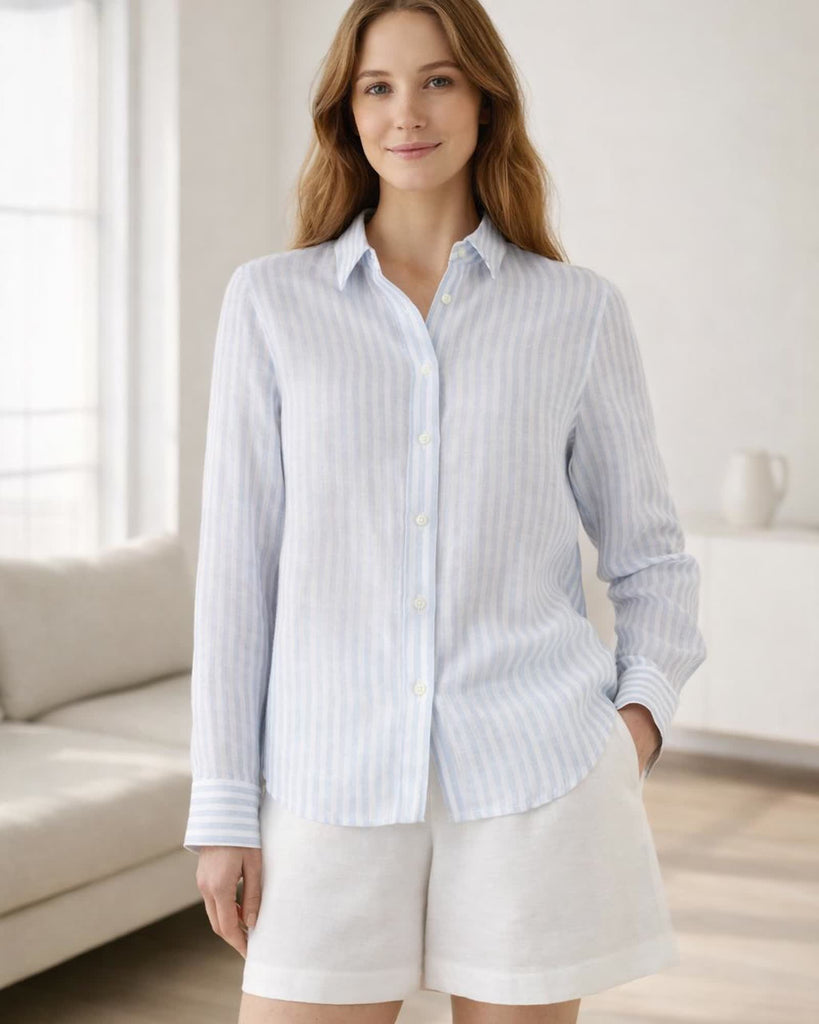 The European Linen Long Sleeve Shirt - Sky Blue Mariner Stripe