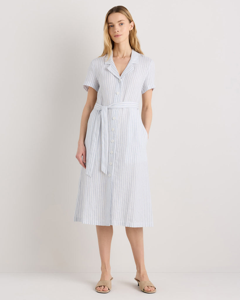 The European Linen Chambray Dress - Sky Blue Mariner Stripe