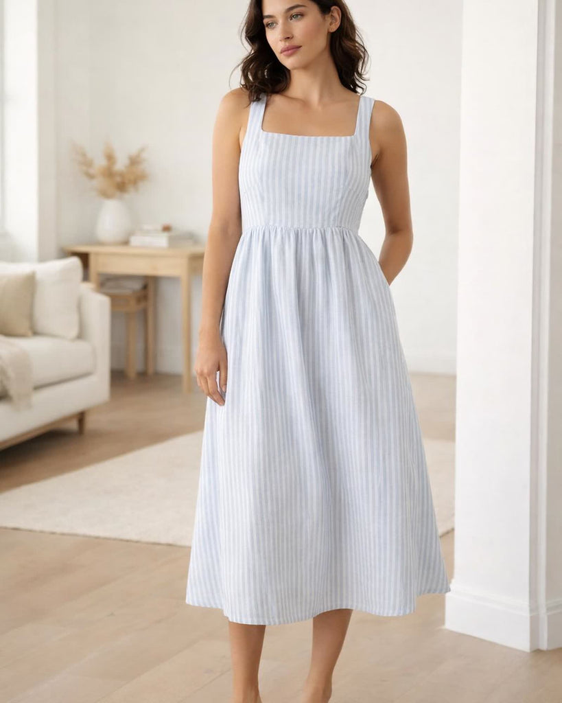 The European Linen Fit & Flare Midi Dress - Sky Blue Mariner Stripe