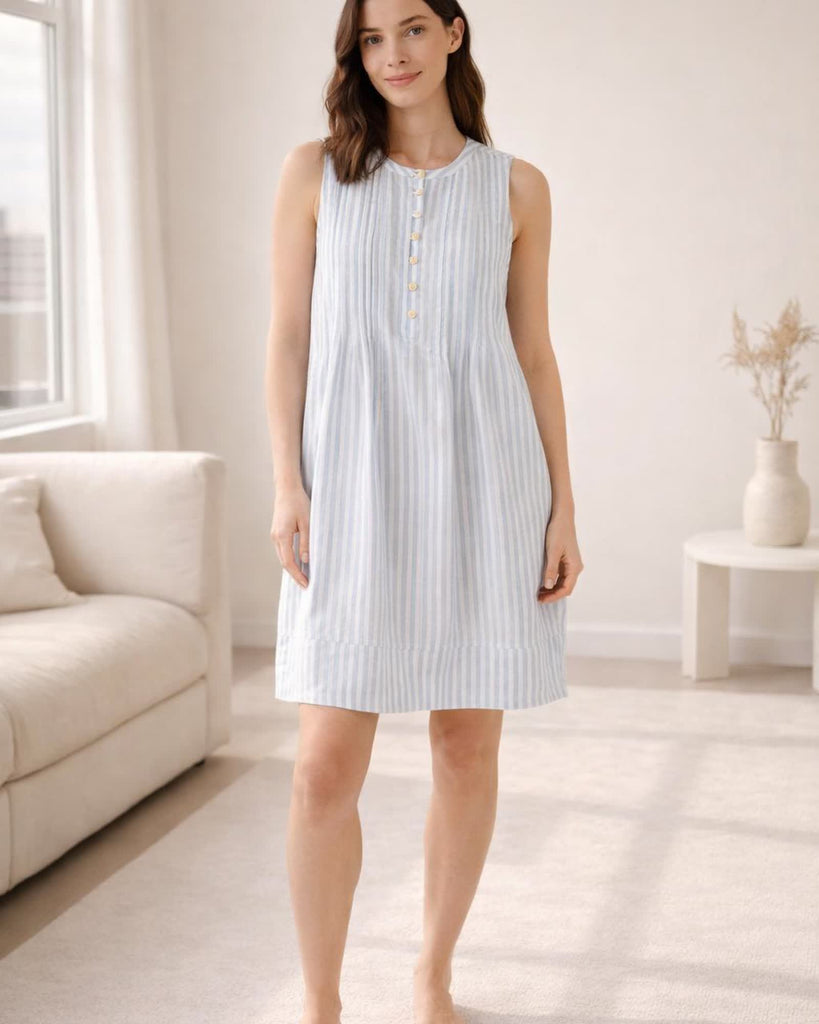 The European Linen Sleeveless Dress - Sky Blue Mariner Stripe
