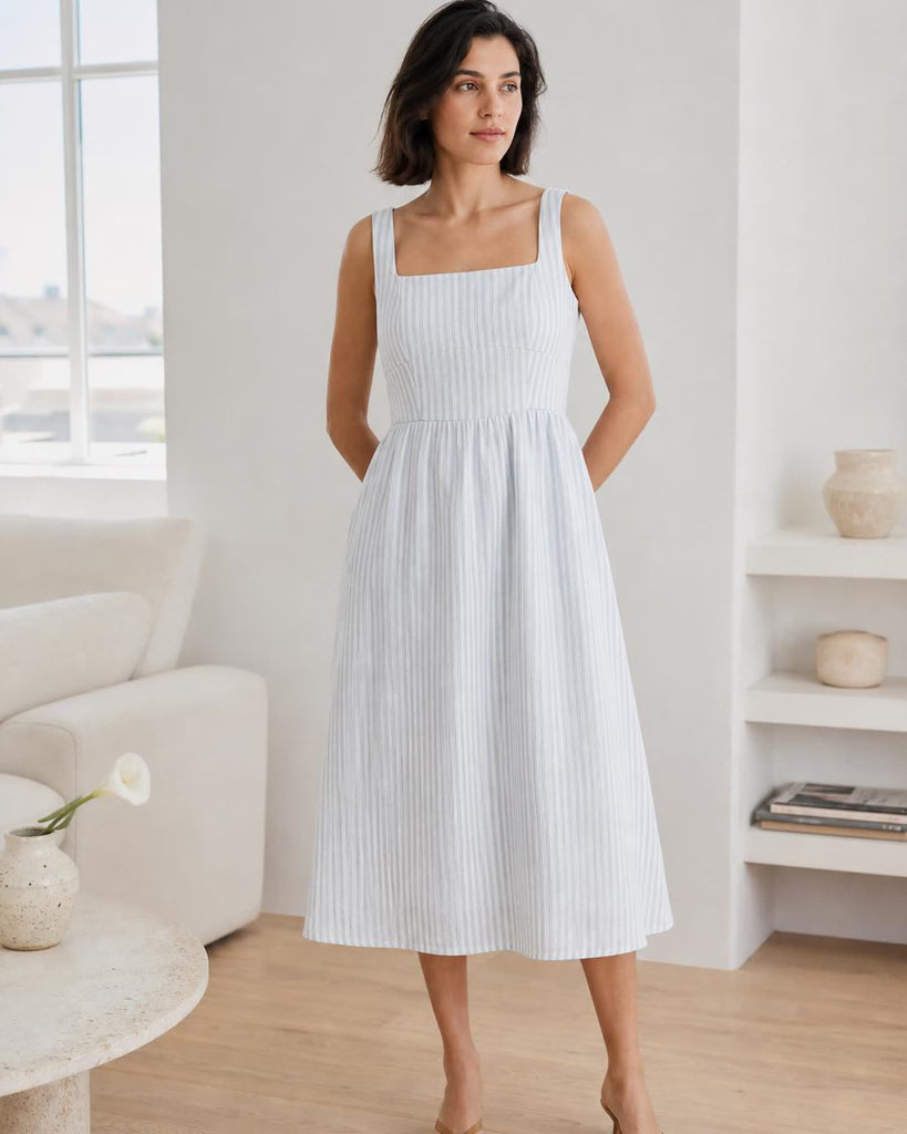The European Linen Midi Dress - Sky Blue Mariner Stripe